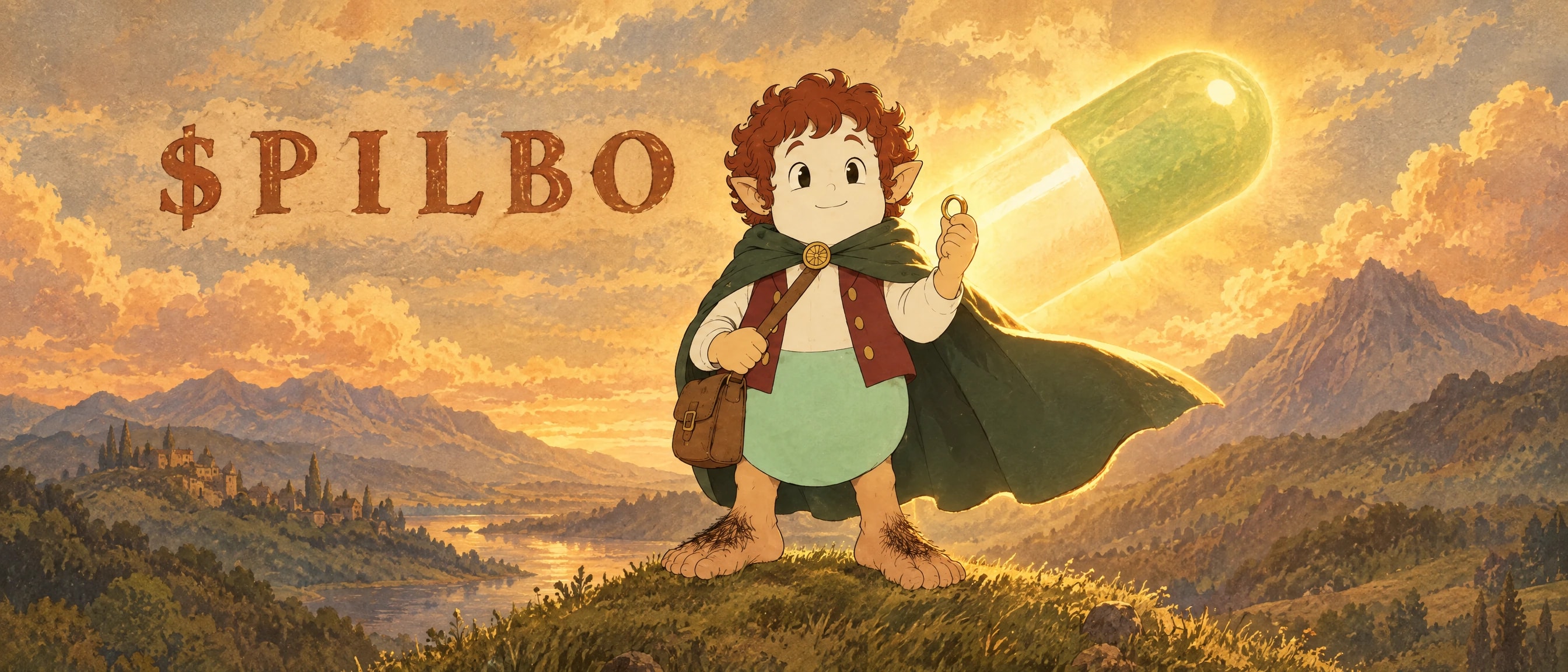 Painted 1970s-style banner: Pilbo Baggins stands on a grassy hilltop at sunset holding up a tiny gold ring, his green cloak blowing, with a giant glowing mint-and-cream capsule in the golden sky behind him and mountains and a lake below.